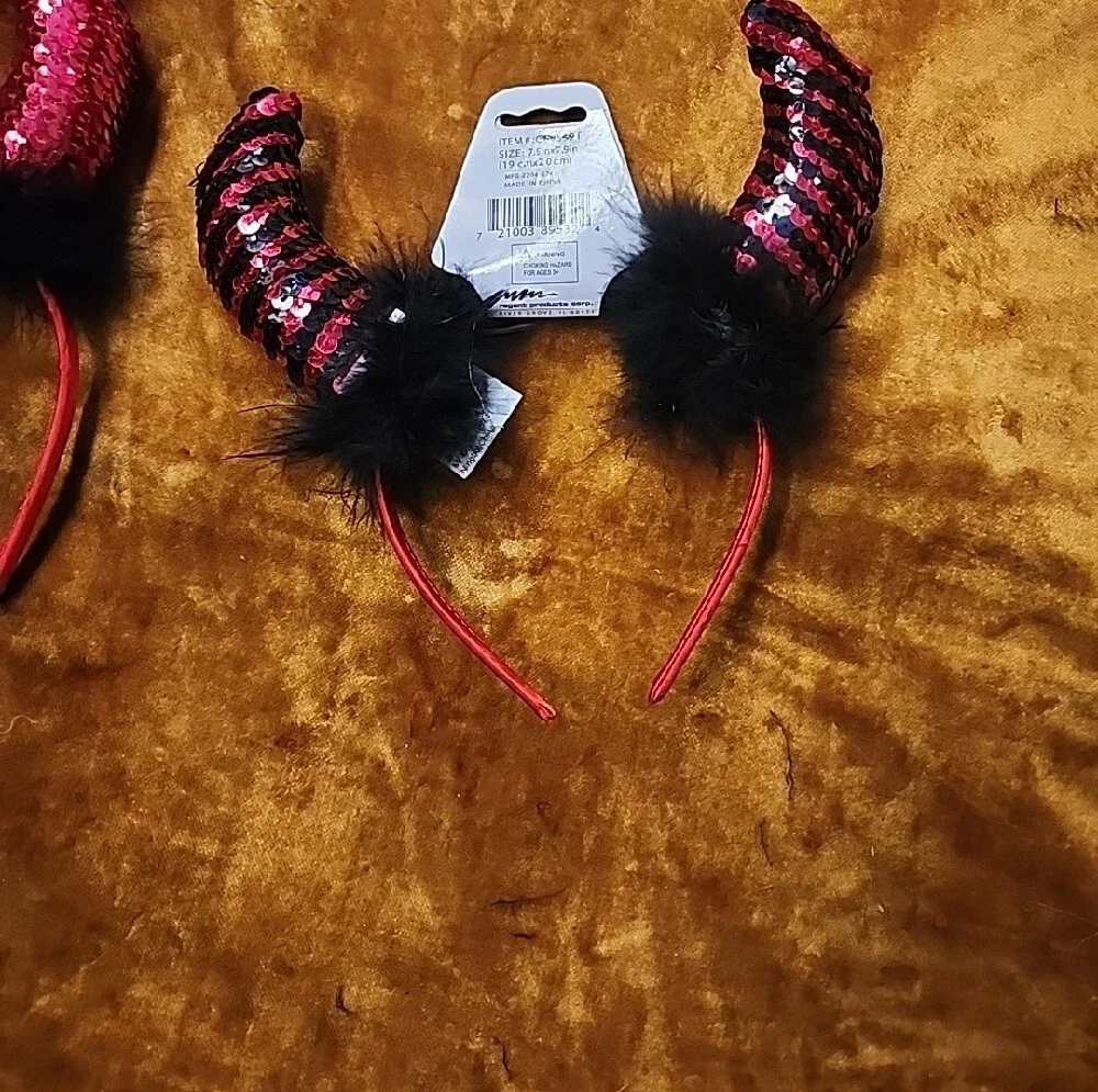 3pc Sequin Devil Horn Headband - Red & Black